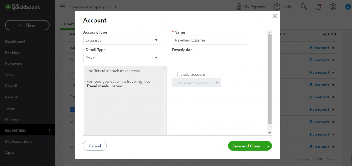 Layout of the Account data in Quickbooks. 