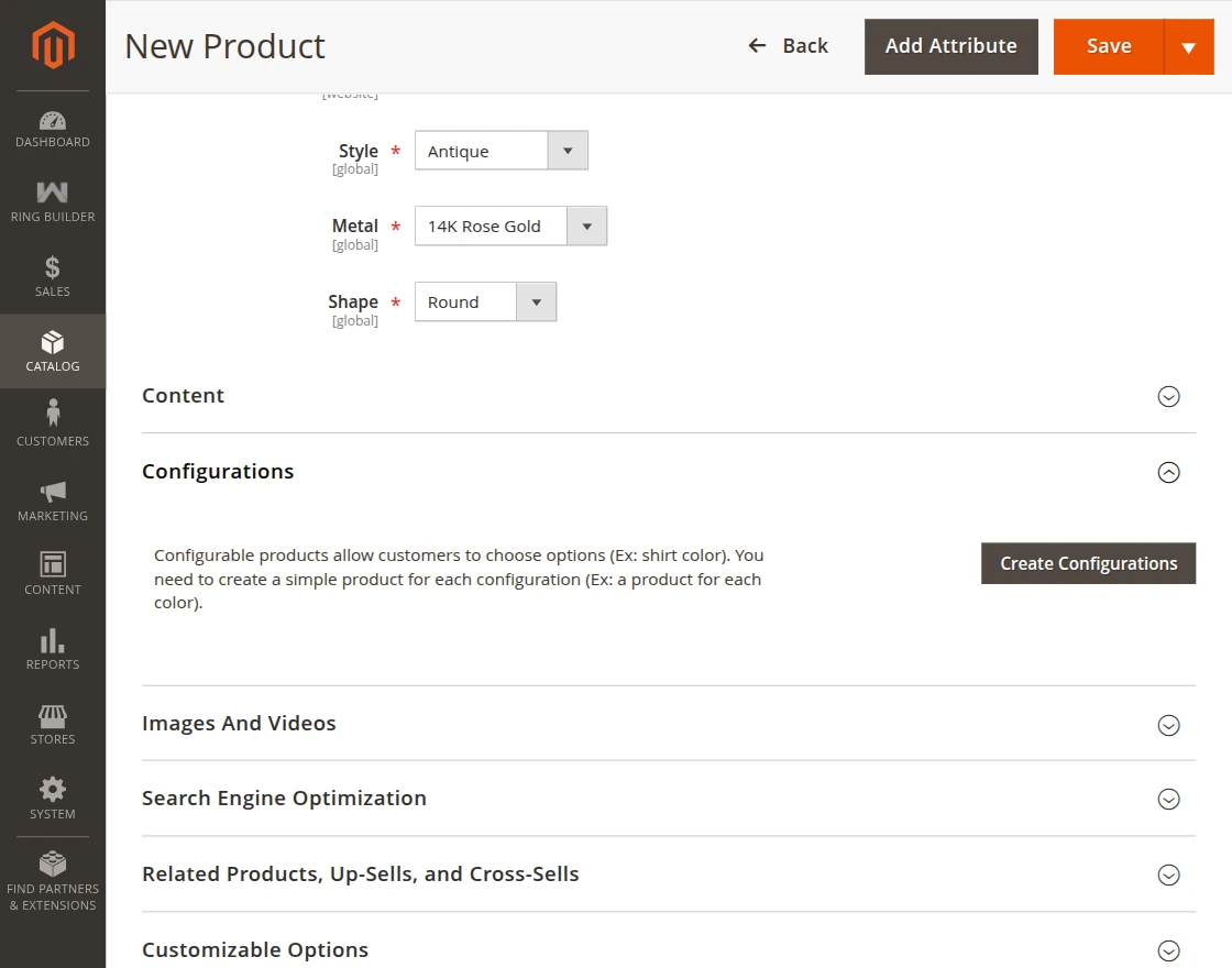 Magento 2 Custom Ring Builder