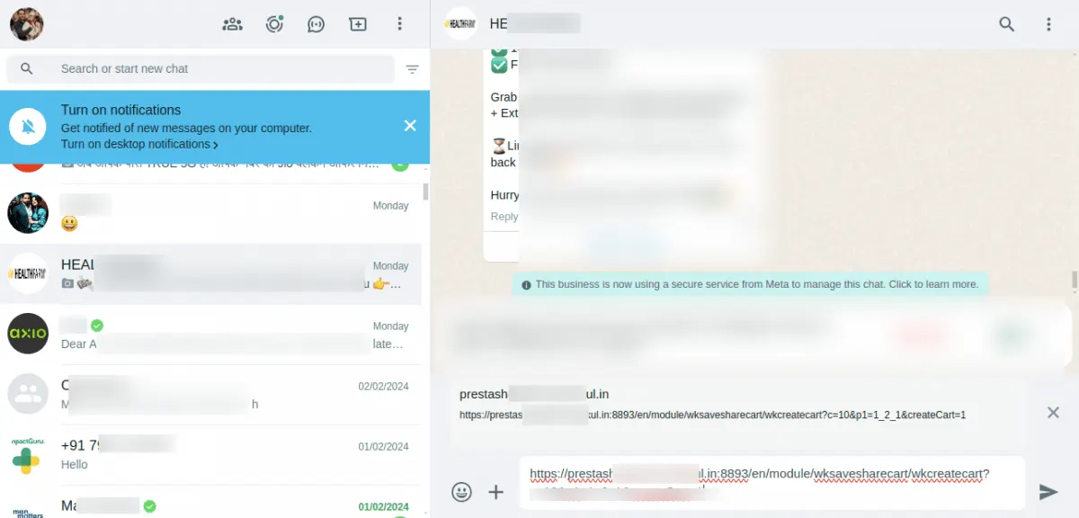 whatsapp web share cart link