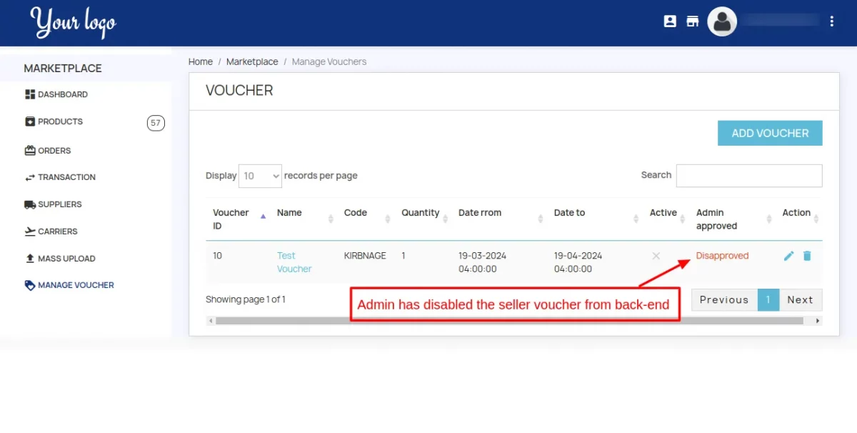 Admin disapprove the voucher