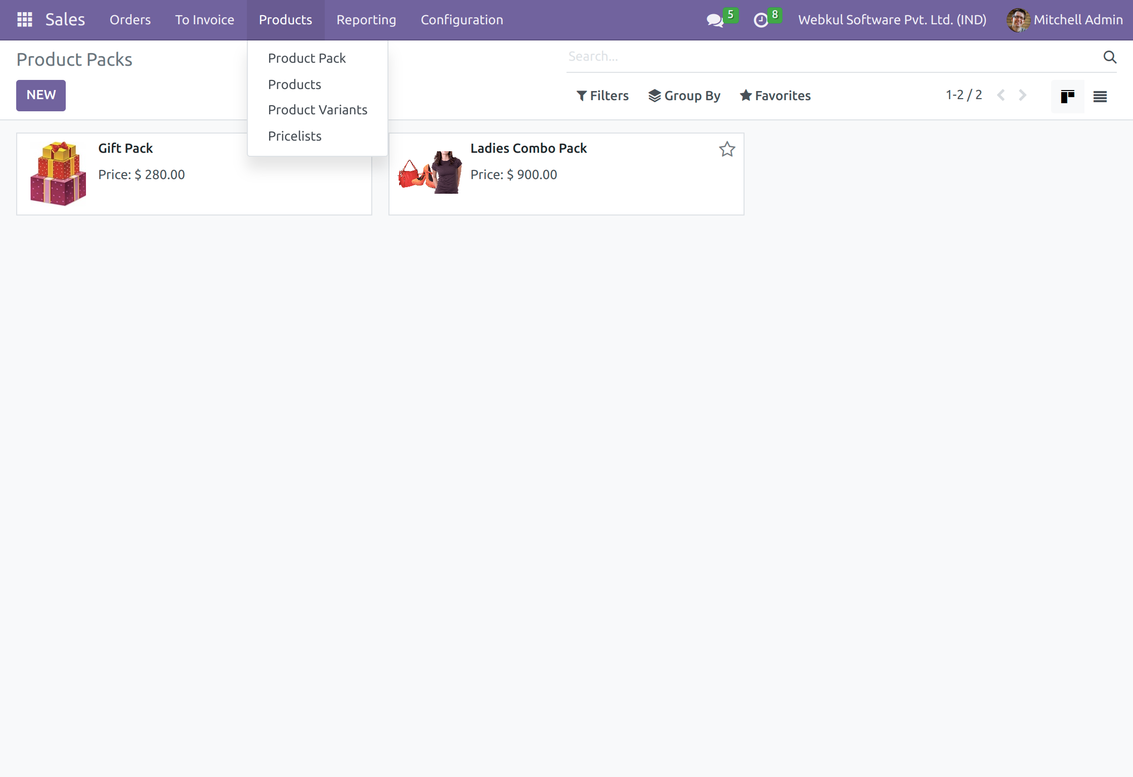 navigate to the products pack under the products menu