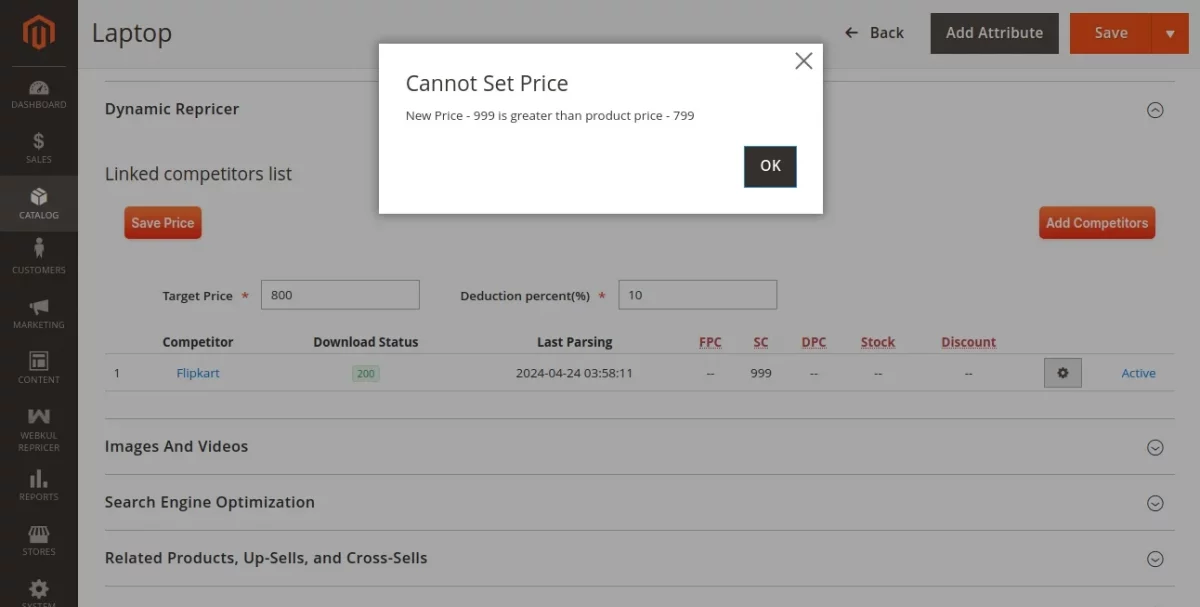 magento 2 product repricer comparison rule error