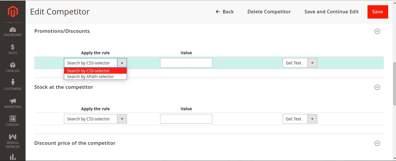magento 2 product repricer css xpath selector
