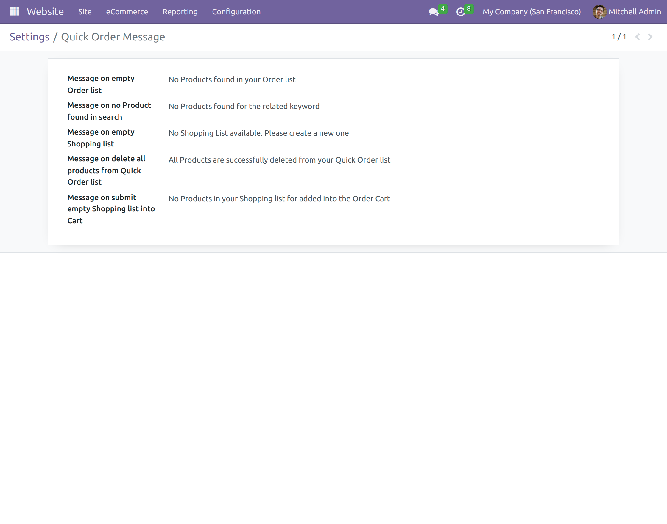 admin can set the quick order messages