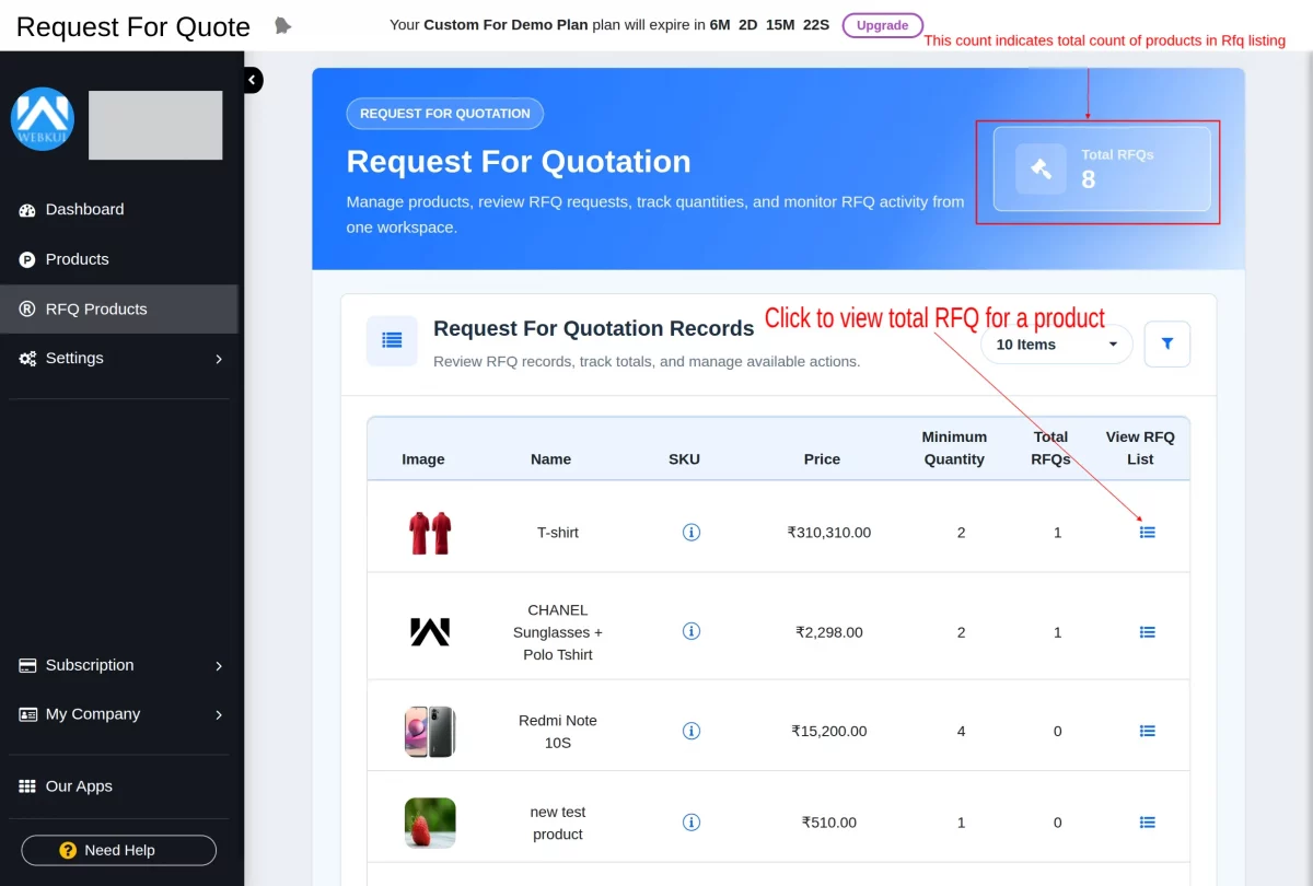list of rfq products
