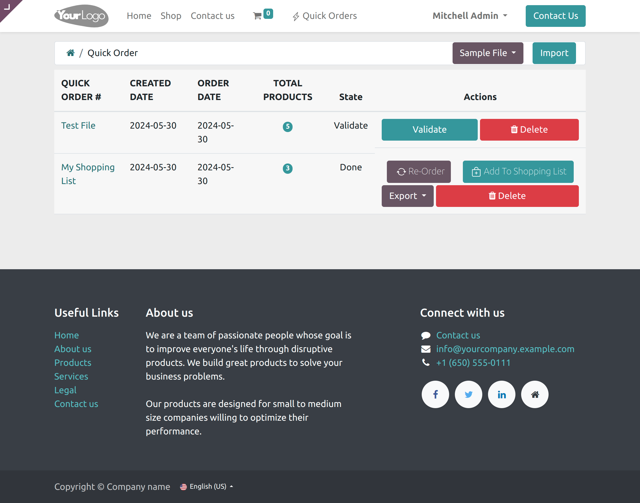 click on validate to confirm the quick order line.