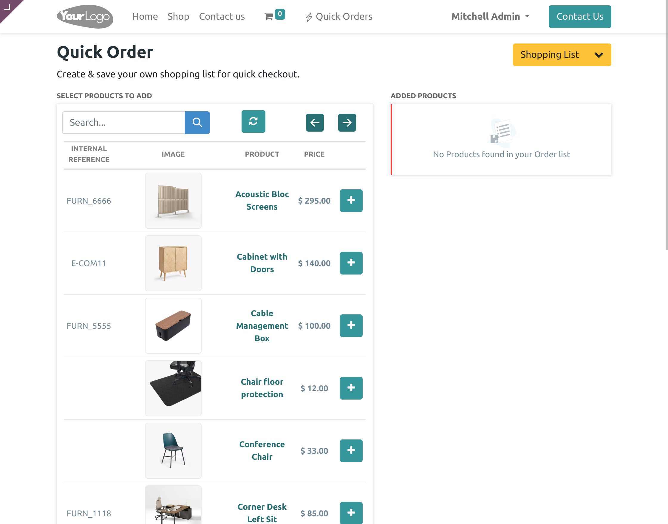 Listicle view of the products in quick order menu.