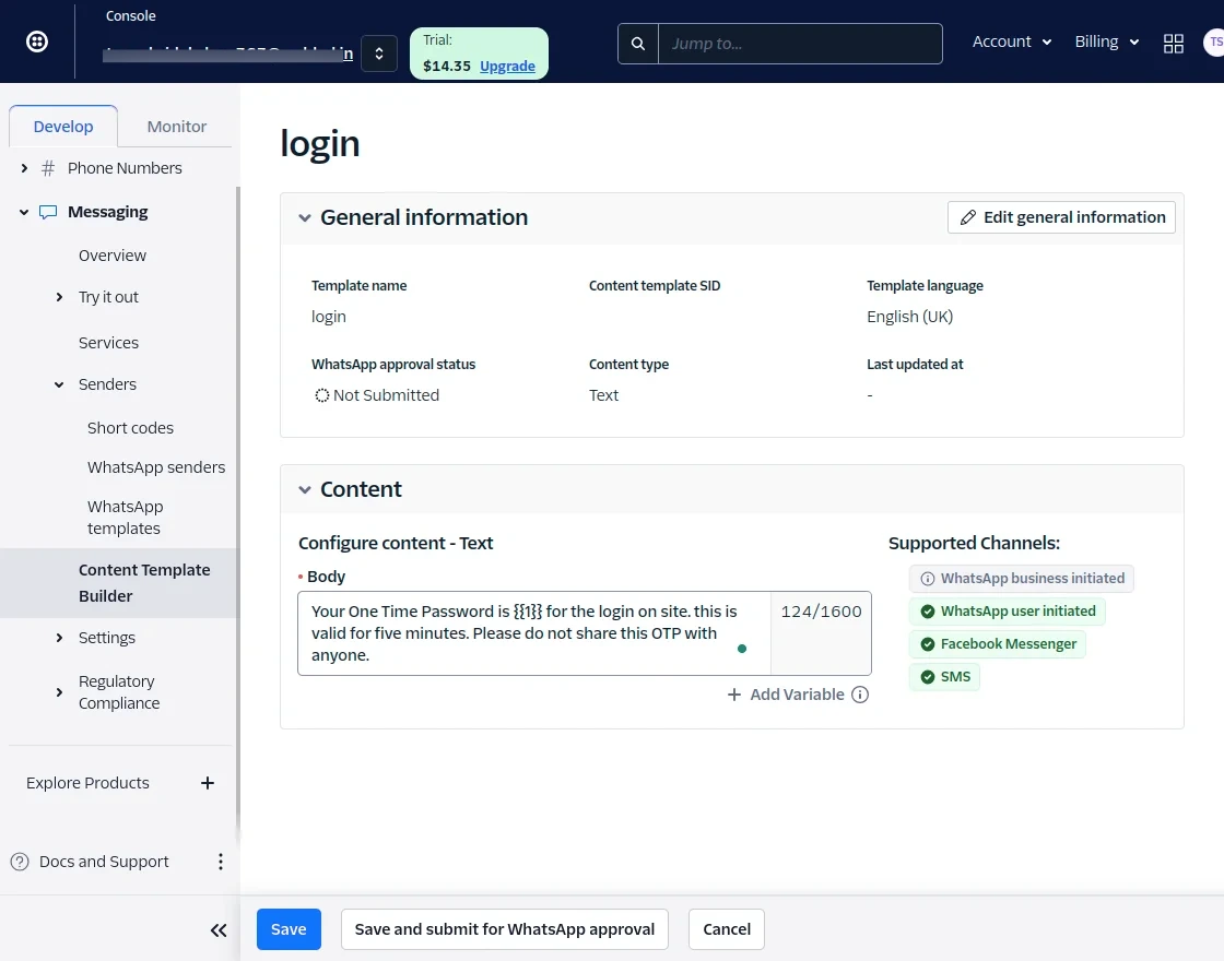 Twilio content template