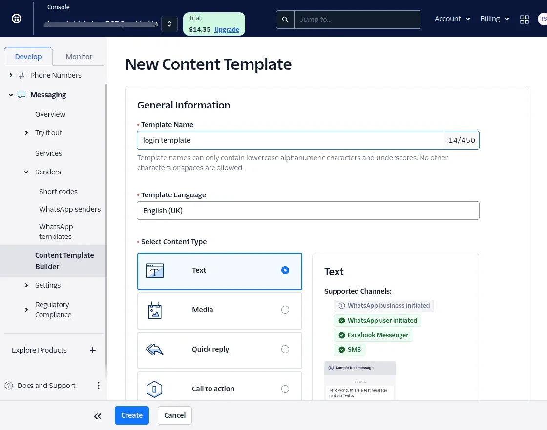 Twilio content template