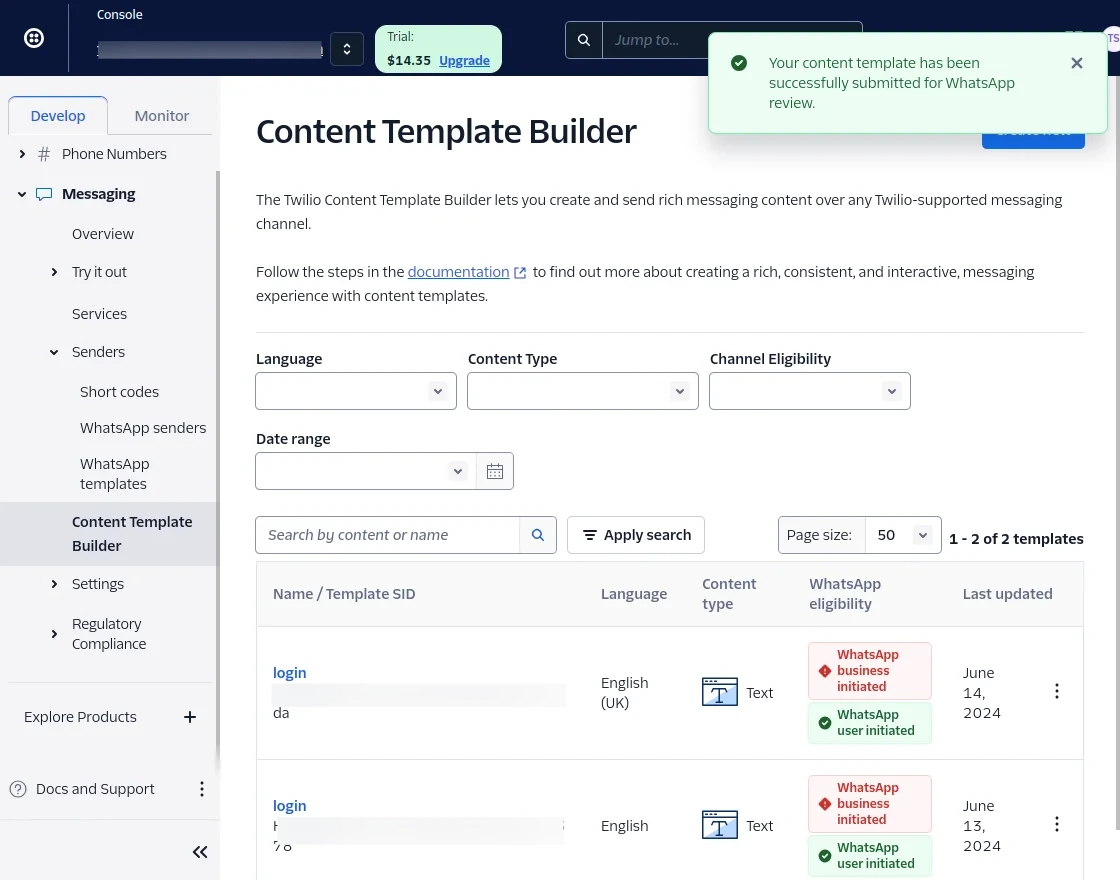 Twilio content template