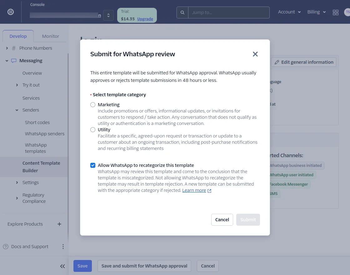 Twilio content template