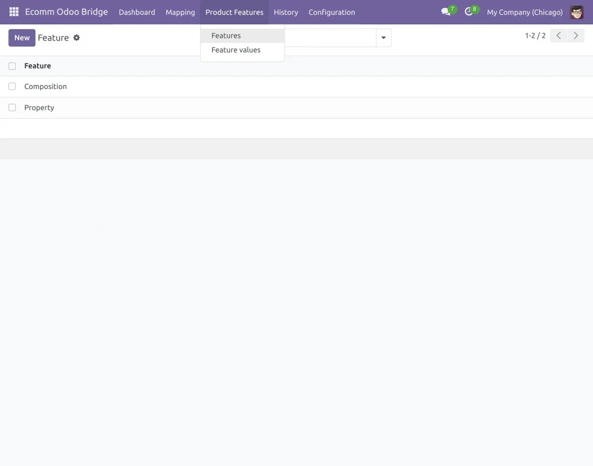 feature and feature value at odoo end