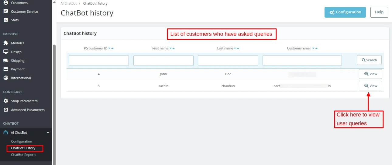 list of chatbot history