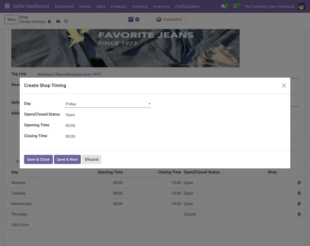 set the shop timings