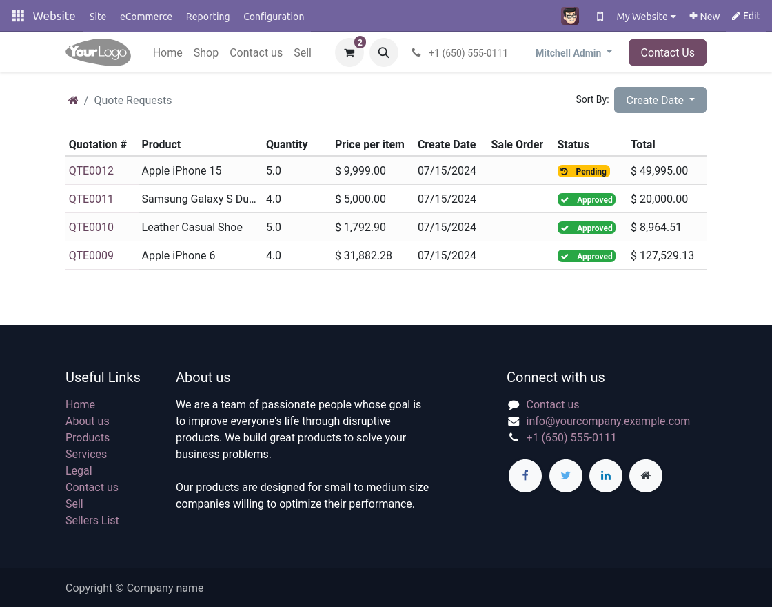 List view of customers quote request.