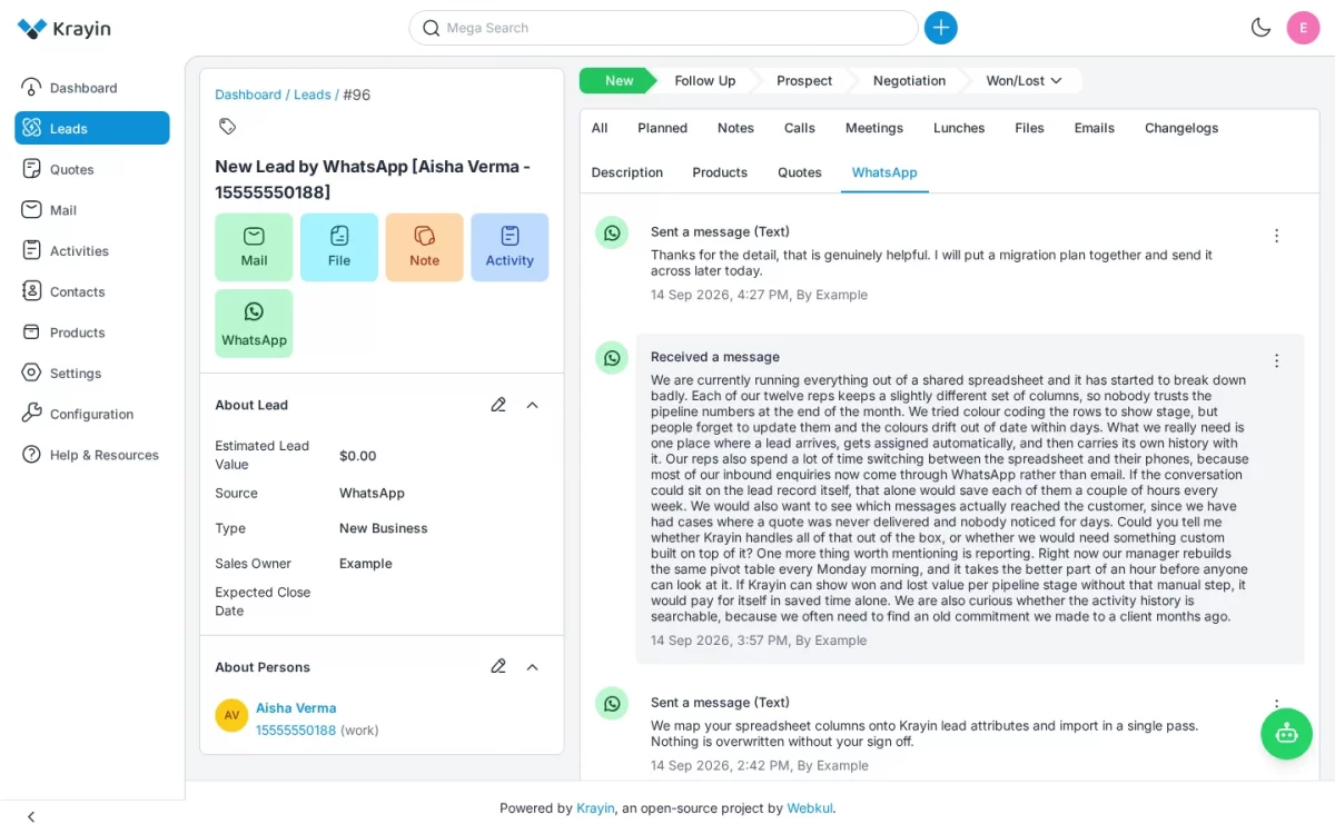 The Krayin WhatsApp module activity tab on the lead timeline