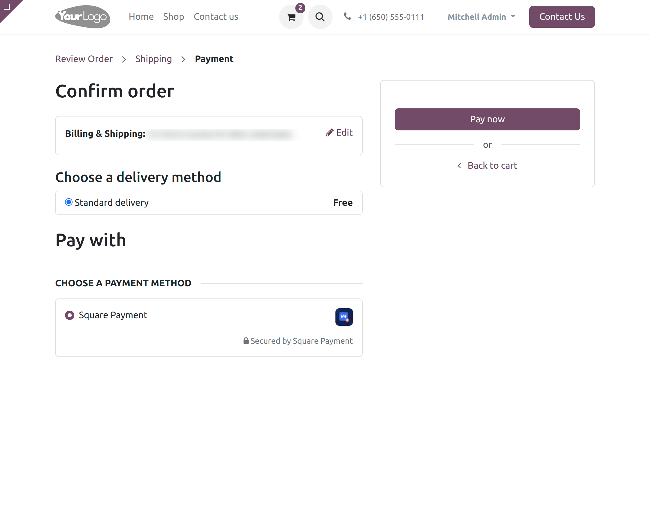 select the square payment option