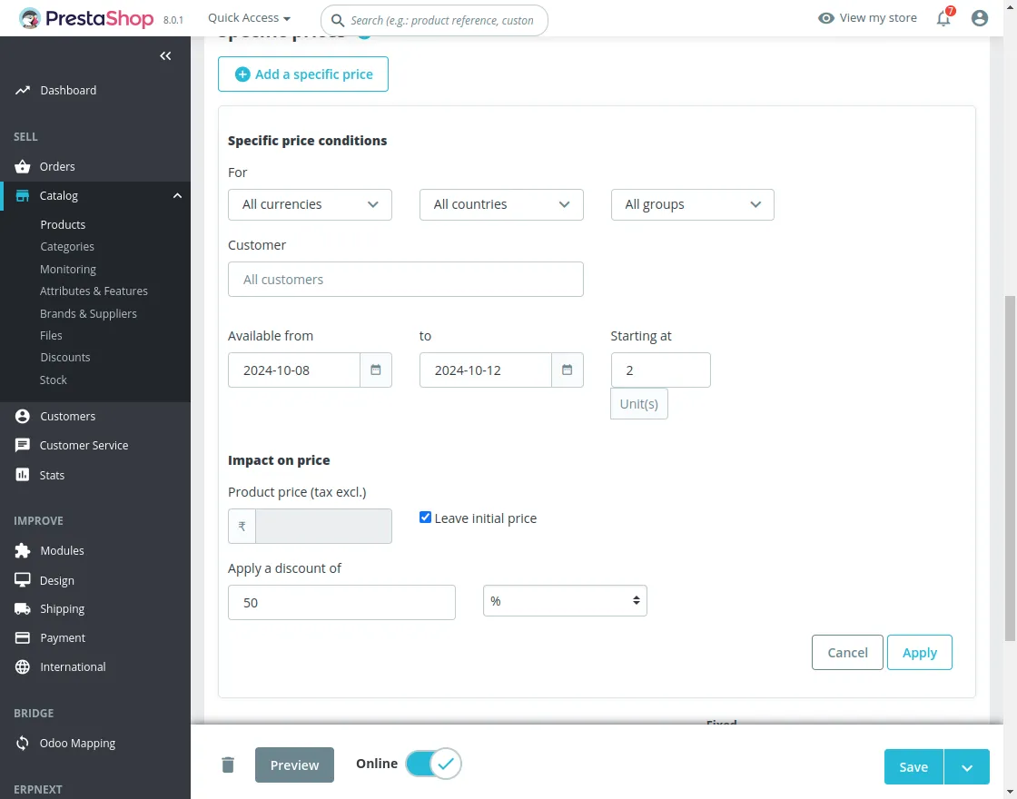 specific prices button