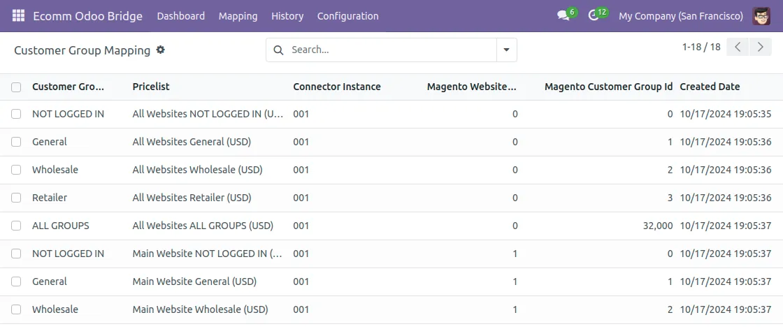 Ecom Odoo Bridge >> Mapping >> Customer group mapping.