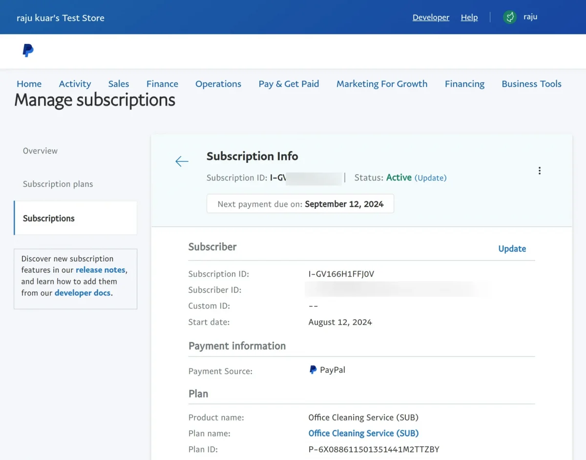 PayPal Payment Subscription Invoice