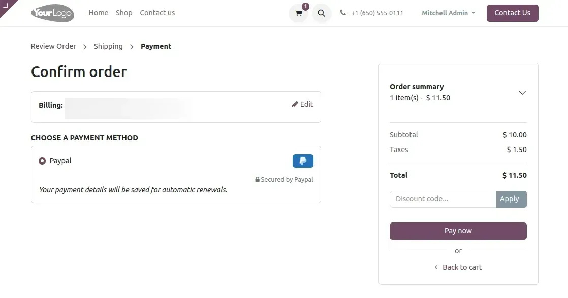 Payment processed using PayPal