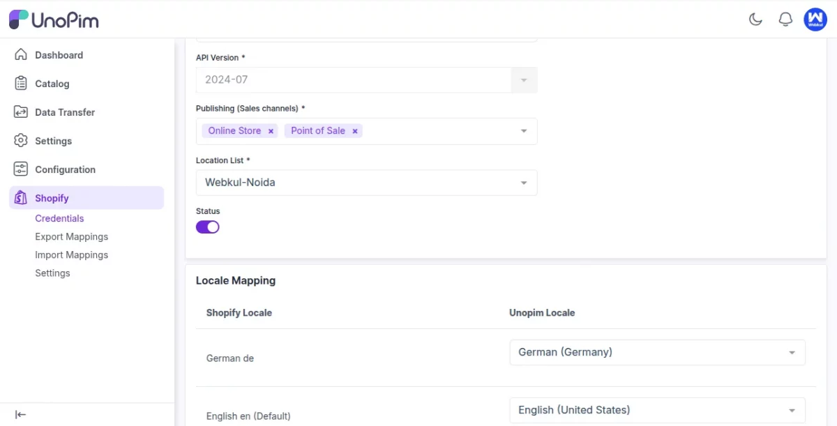 UnoPim Shopify credentials