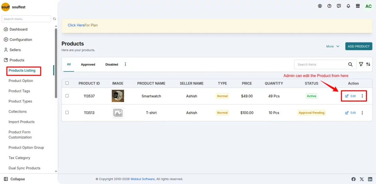 admin product listing view