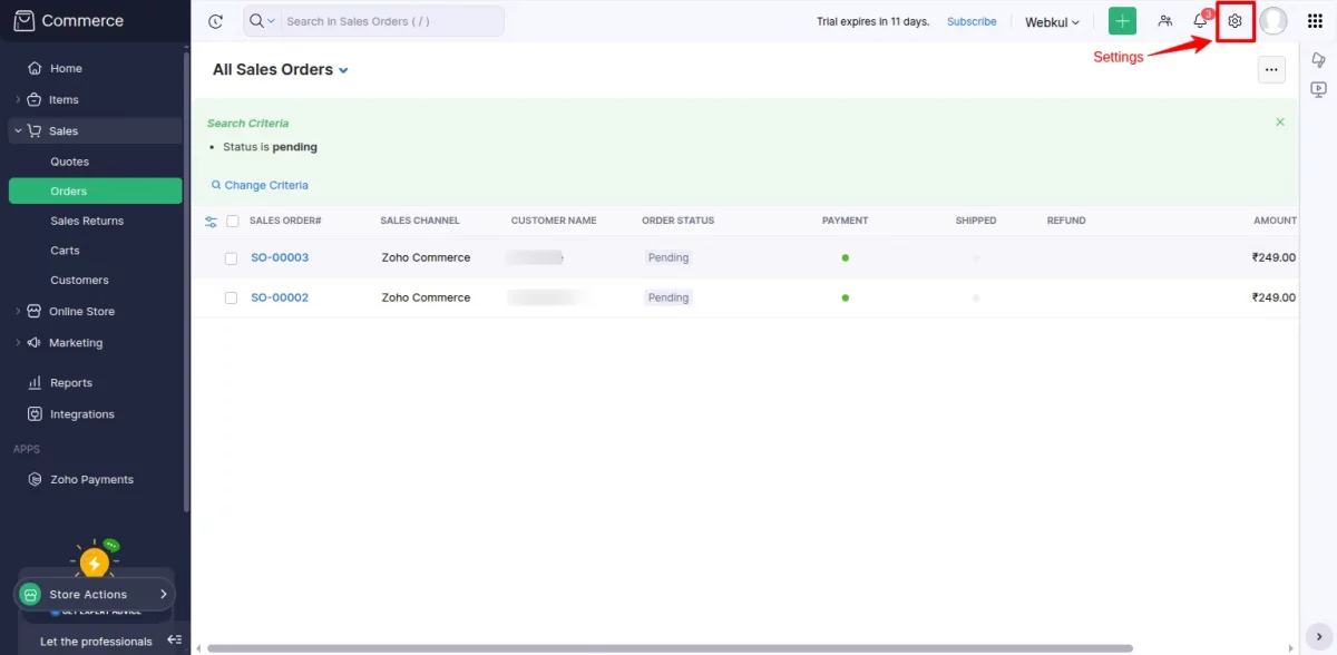 zoho store settings