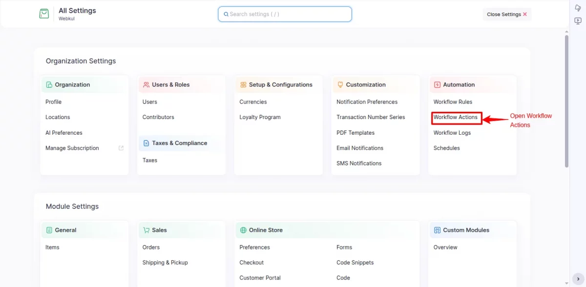 zoho workflow action