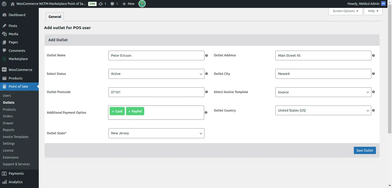outlet creation by admin