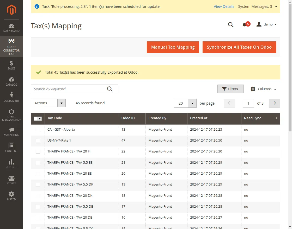 Tax Synchronization Odoo Connector >> Taxes. Now, click on Synchronize a