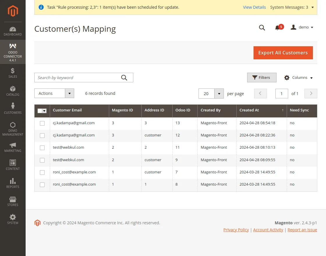 Customer(s) Mappingo Odoo Connector >> Customers. Now, click on Export A