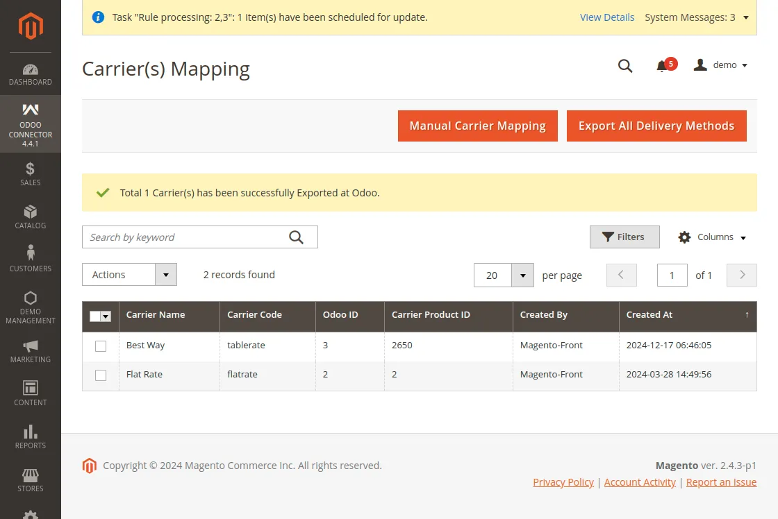 Delivery Methods Mapping Odoo Connector >> Delivery Methods. Now, click on