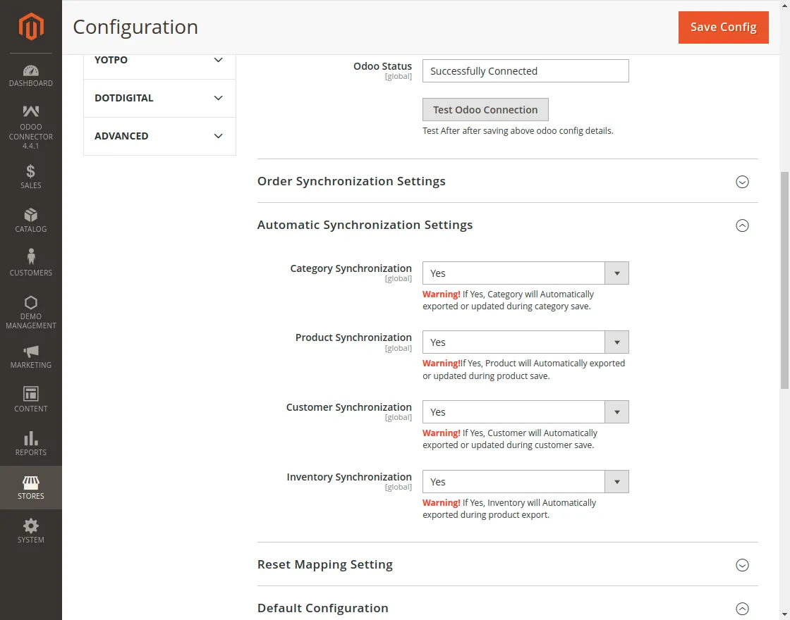 automatic synchronization settingsmers when saved from Magento to Odo