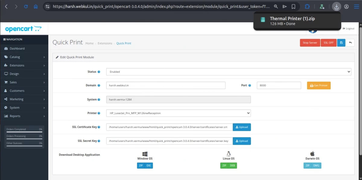 opencart quick print window os installation