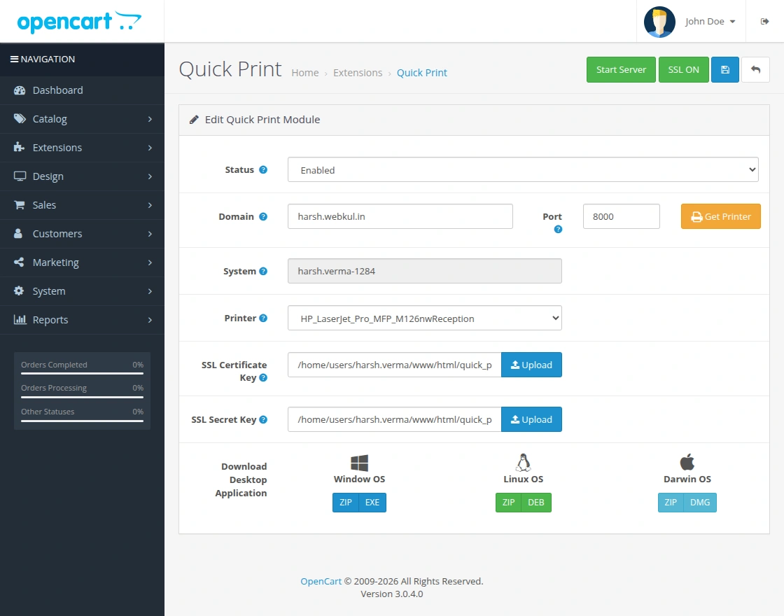 opencart quick print module configuration