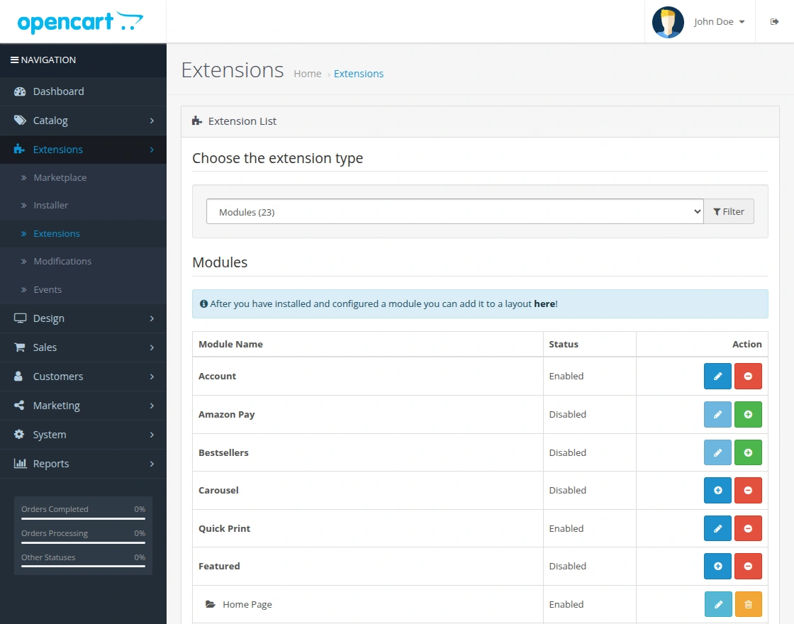 opencart quick-print extension list