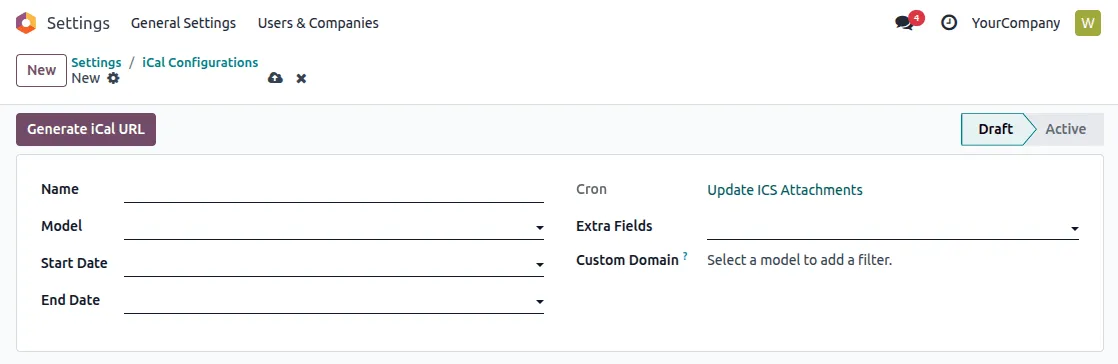 enter fields for new i cal url