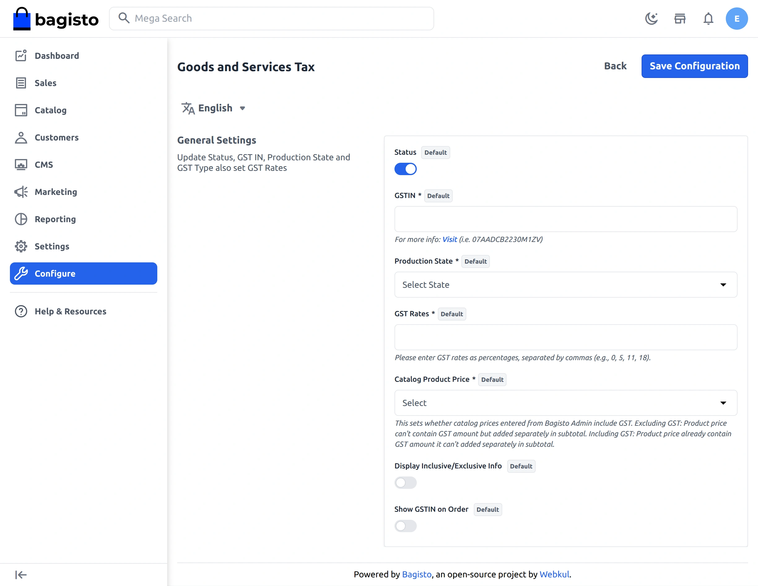 laravel ecommerce saas gst extension configuration