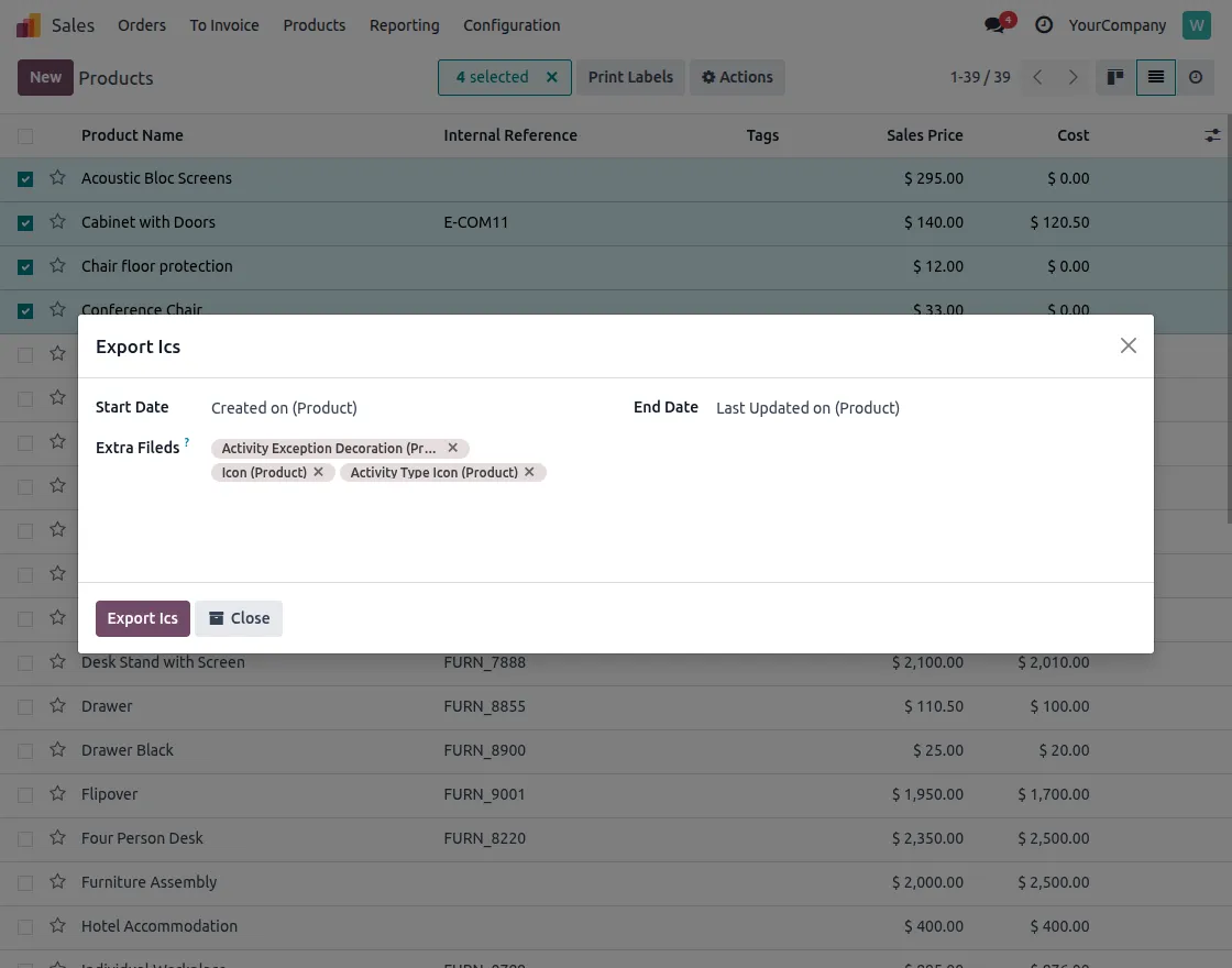 set fields to export ics
