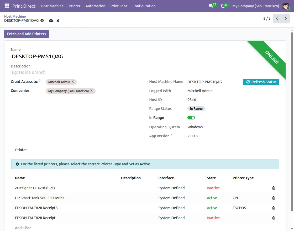 printer config and status