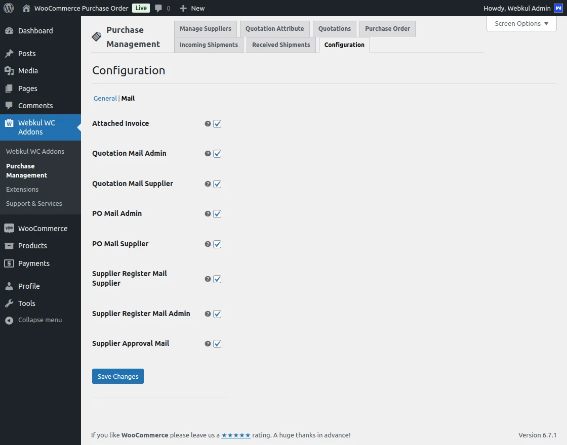 purchase order for admin configuration