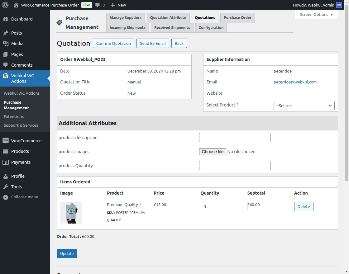 purchase managment quotations select products