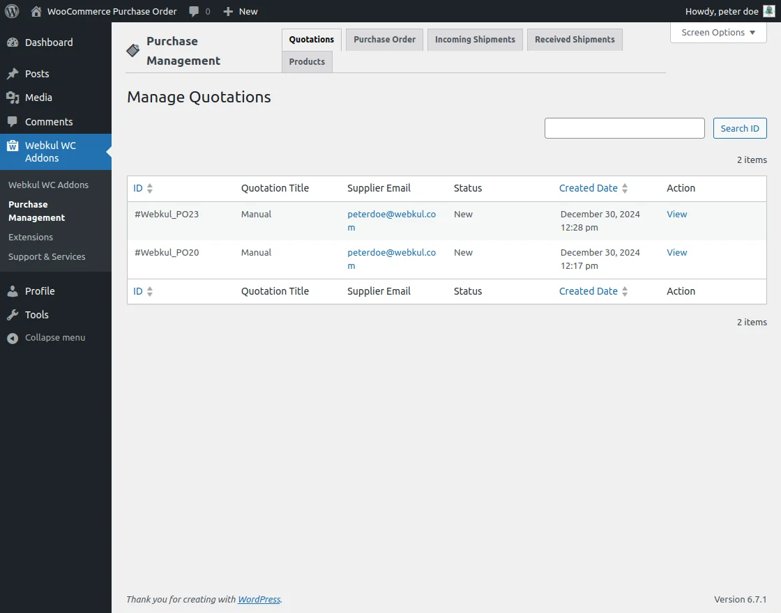 quotations purchase management