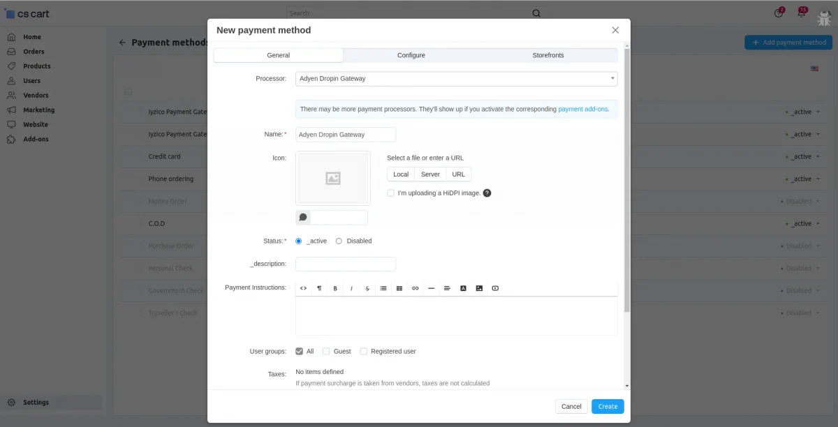New payment method General settings