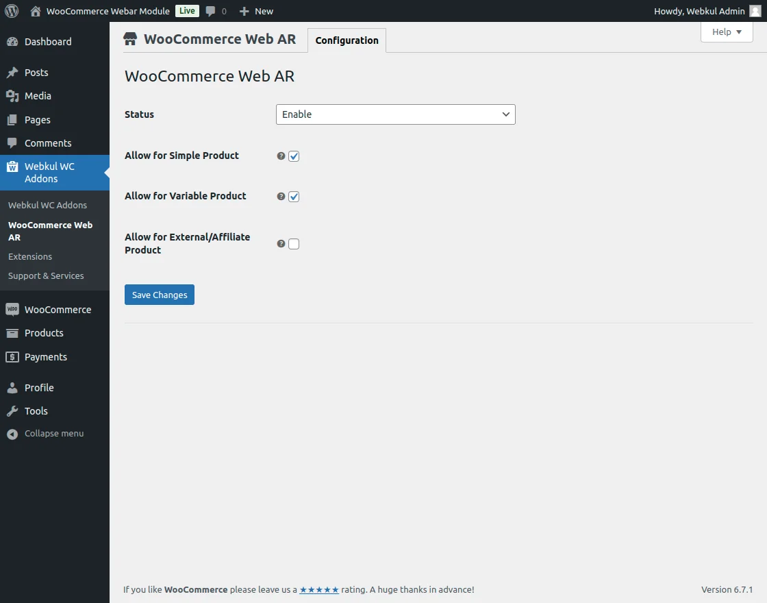 webkul-woocommerce-web-ar-configuration