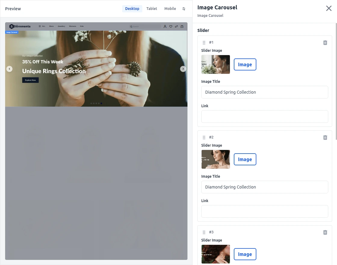 Image Carousal customization page