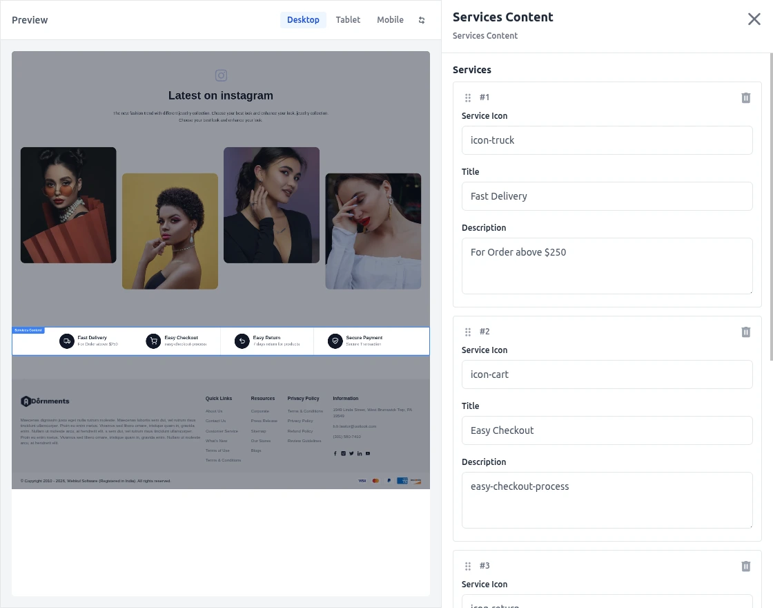 Service content customize page
