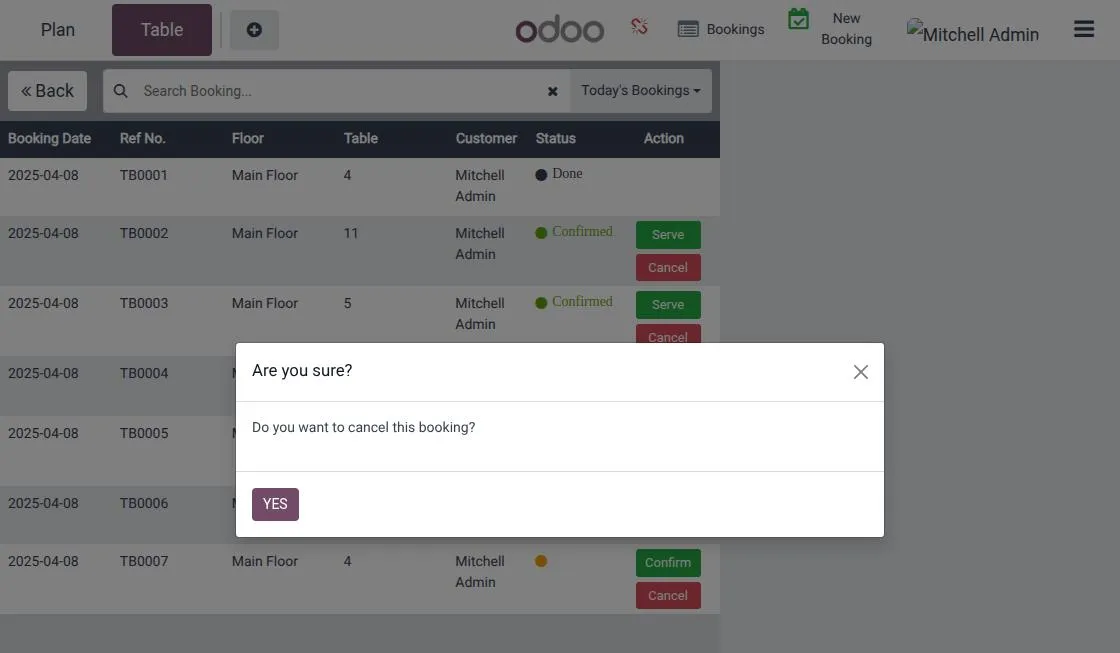 admin cancels a booking from the booking screen