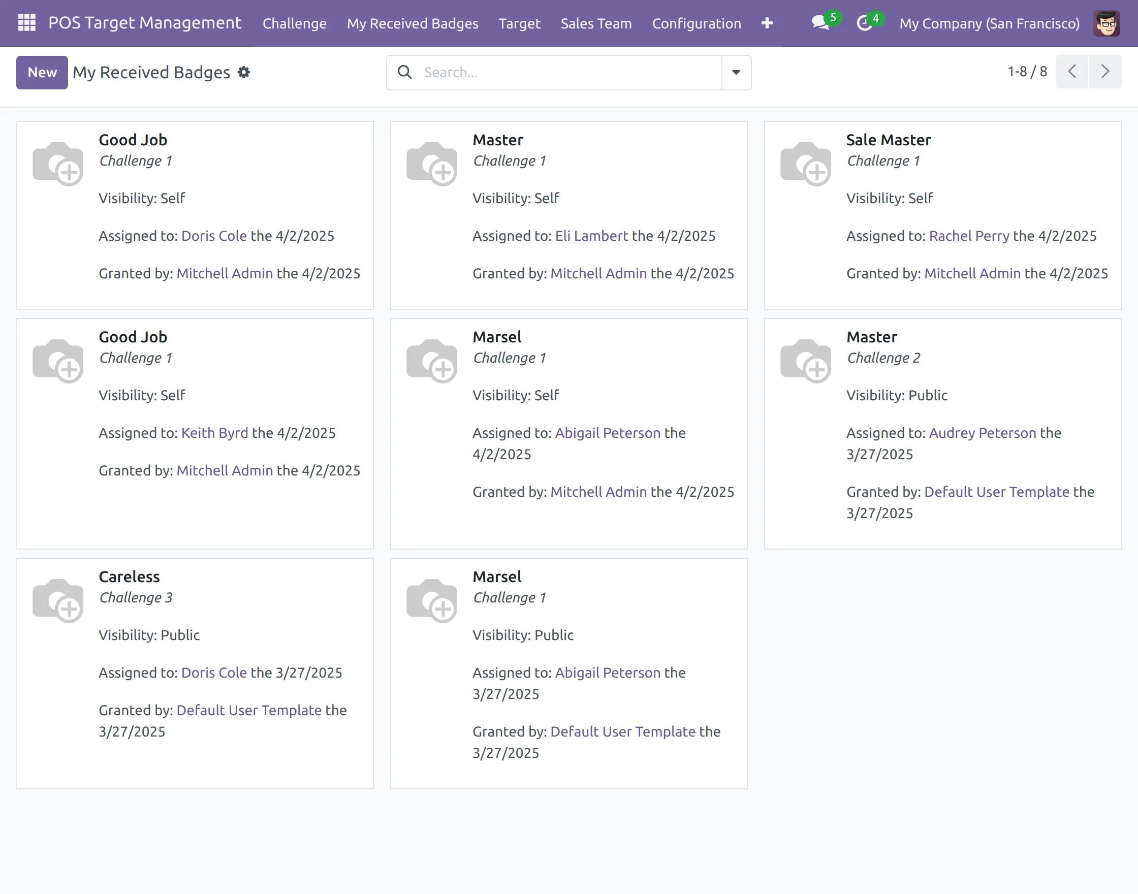My Received Badges in Odoo POS Target Management